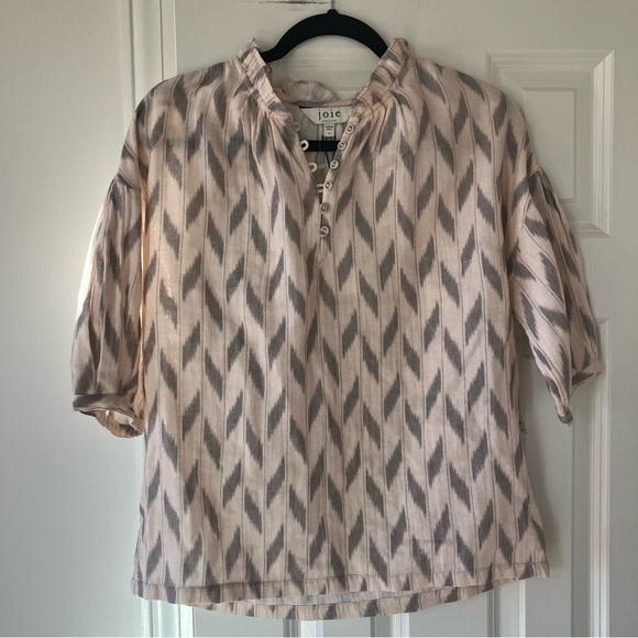 NWT Joie Saila Printed Cotton Top Beige and Gray Short Sleeve Cotton (Medium) - Picture 2 of 7